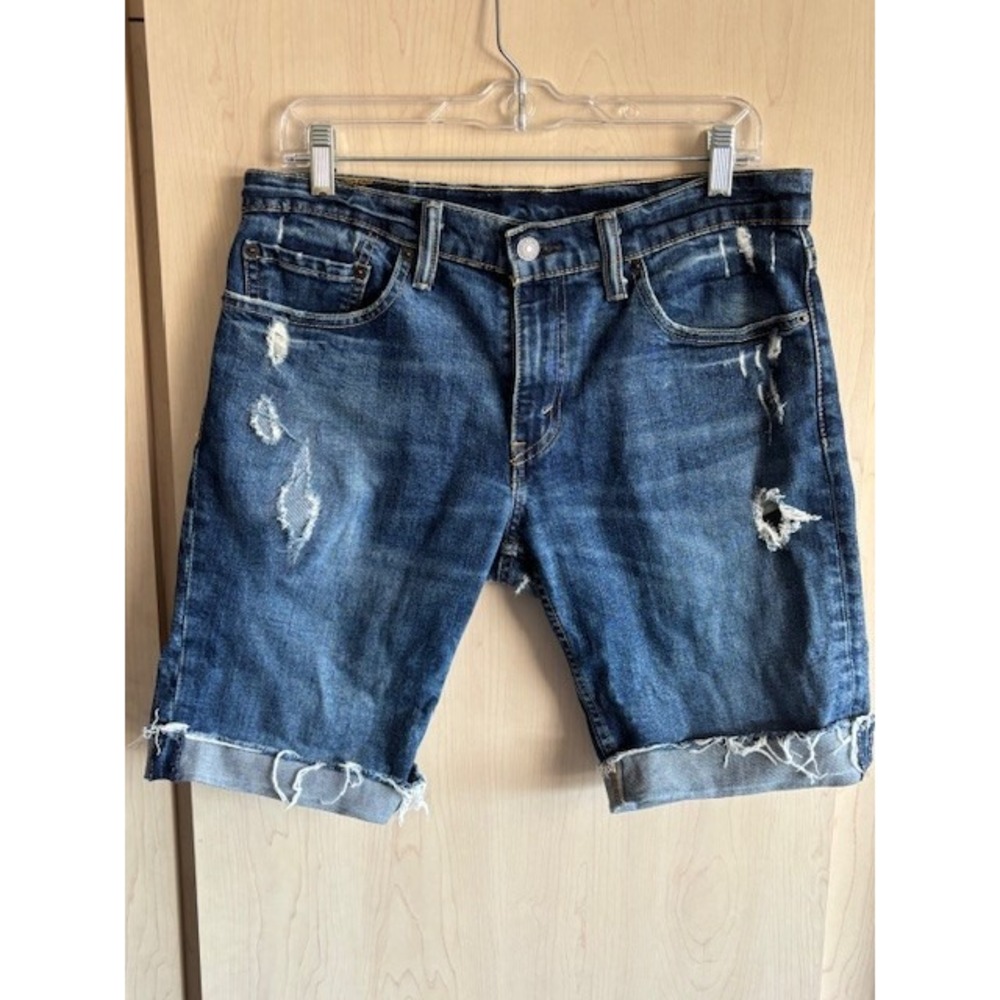 Levis 511 Shorts Mens 31 Blue Denim Cutoff Distressed Raw Hem Jeans w/ Patches‎